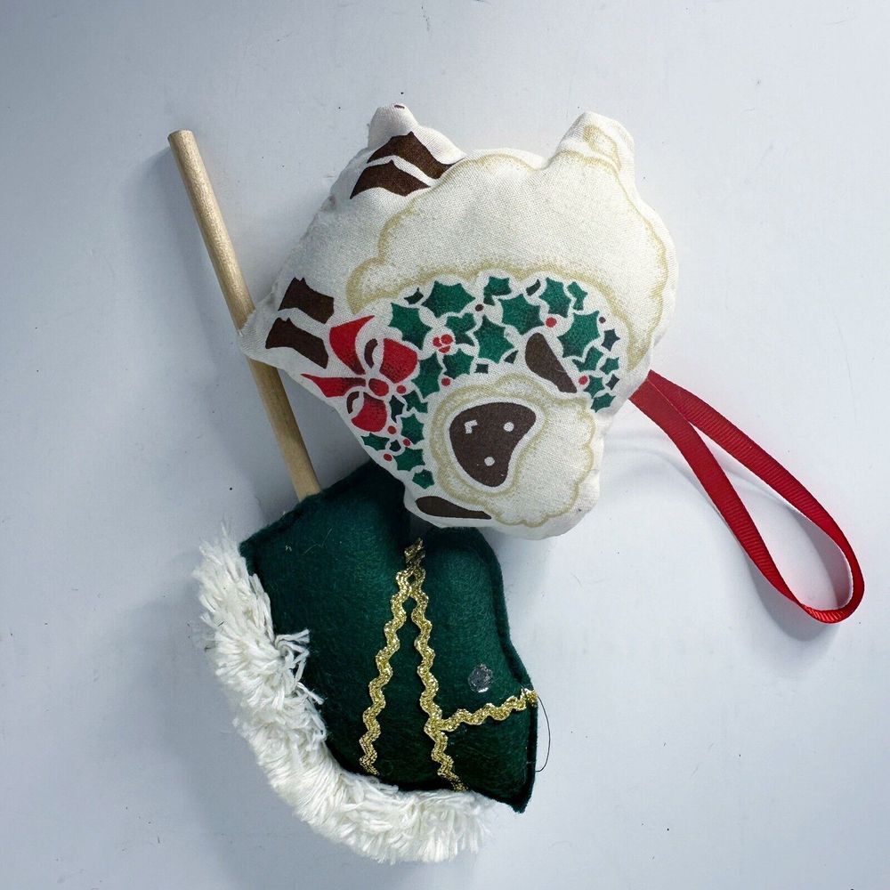 Lot of 2 Vintage Hand Made Fabric Christmas Ornaments Patchwork Horse Sheep1970s